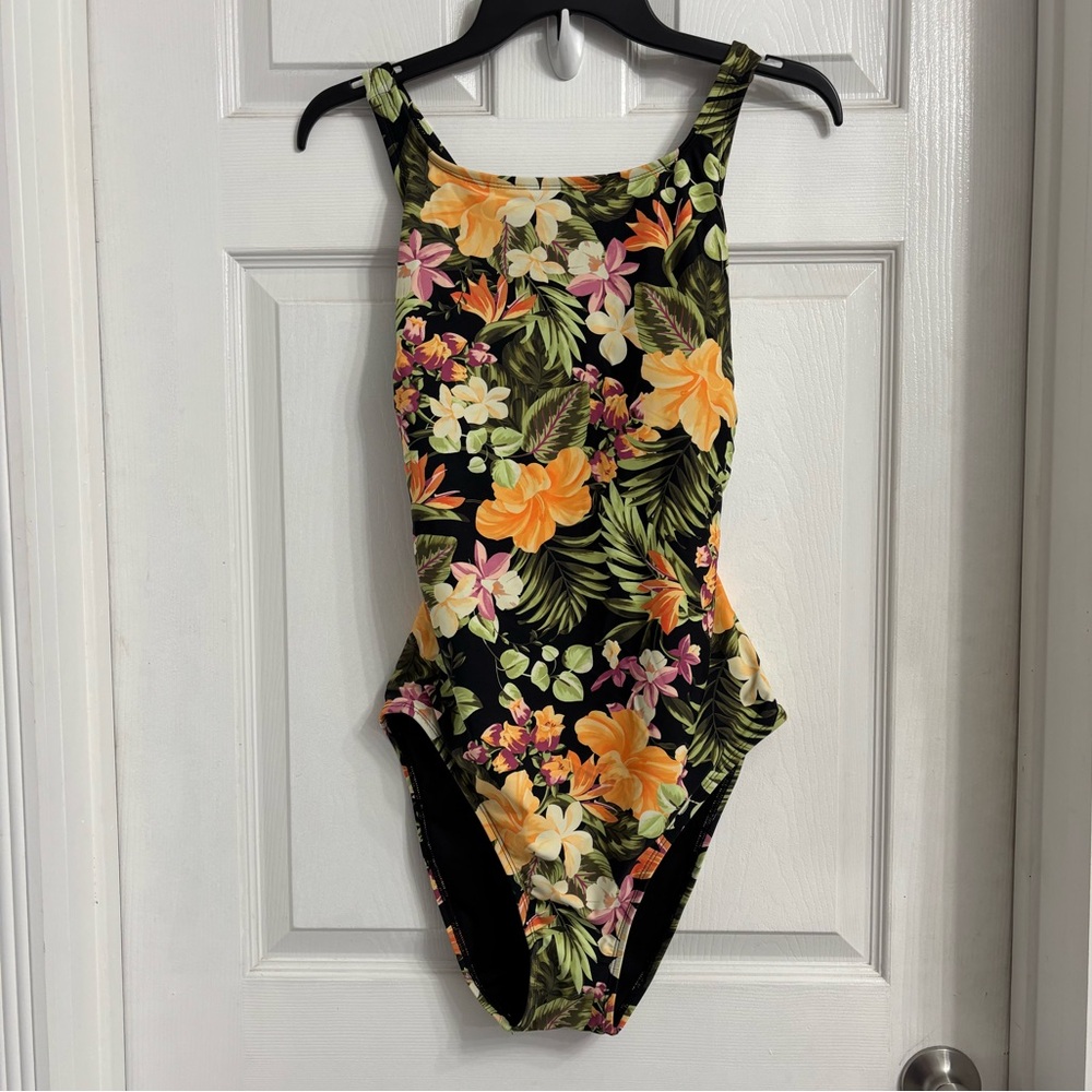 Hurley Black and Orange Tropical Floral One-Piece Swimsuit Size Large NWT UPF 50
